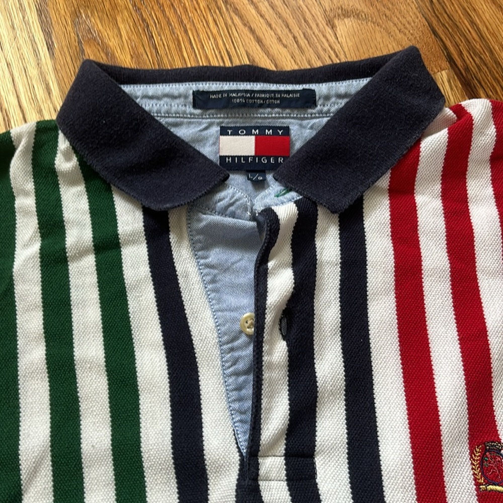 Vintage Y2K Tommy Hilfiger Striped Polo Shirt Top Crest Multicolored 90s VTG L - Picture 6 of 8